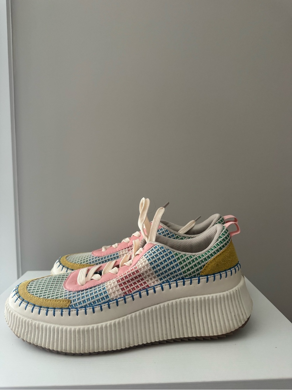 Colorblock Platform Sneakers in Pastel Blue, Pink, Yellow